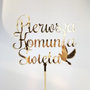zdjęcie Topper Pierwsza Komunia Święta Prosta i Gołąb 12 x 9,5 cm – Złoty Lustro