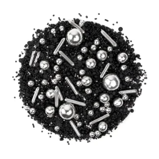 Cukrowa Posypka Sprakling Black (posypka w kolorystyce czarne i srebrne perełki, czarne i srebrne patyczki, czarne kółeczka) - 90 g - Słodki Bufet