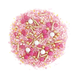 Cukrowa Posypka PEONY (posypka w pastelowej kolorystyce: różowe serduszka, złote, różowe i perłowe perełki, złote patyczki) - 90 g - Słodki Bufet