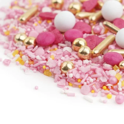 Cukrowa Posypka PEONY (posypka w pastelowej kolorystyce: różowe serduszka, złote, różowe i perłowe perełki, złote patyczki) - 90 g - Słodki Bufet