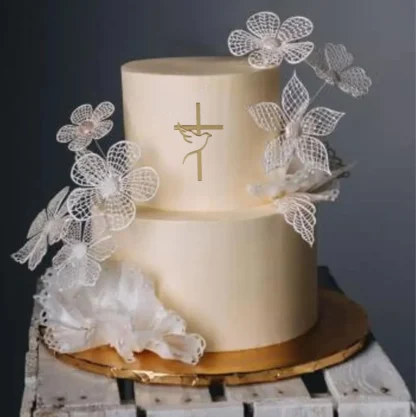 Dekor na tort Gołąb + krzyż 10 x 6,1 cm - Złoty lustro - Miniowe Formy
