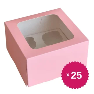 Pudełko na 4 muffinki, babeczki, cupcake z okienkiem - Różowe - 25 szt