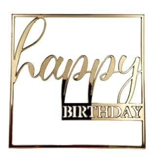 Dekor Happy BIRTHDAY w Kwadratowej Ramce - 12 x 12 cm - Złoty Lustro - Miniowe Formy