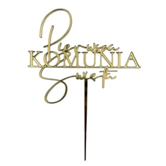 Topper Pierwsza KOMUNIA Święta - 12 x 10,2 cm - Złoty Lustro - Miniowe Love