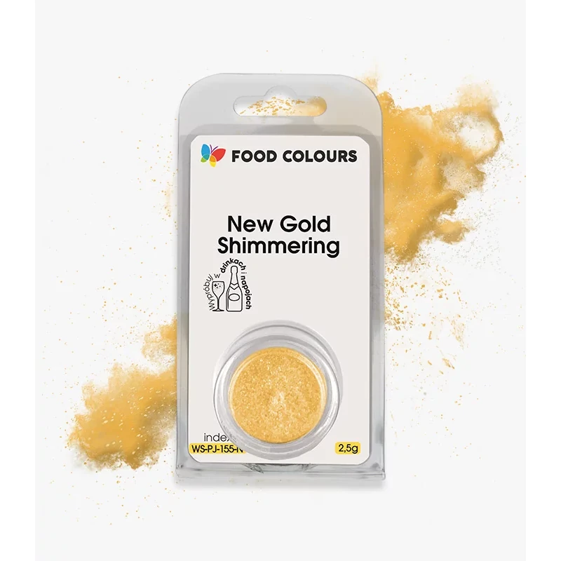Barwnik w proszku do ręcznej dekoracji i drinków polskiej produkcji firmy FOODCOLOURS - bez E171 - New Gold Shimmering, Nowe Złoto Brokat- 2,5g