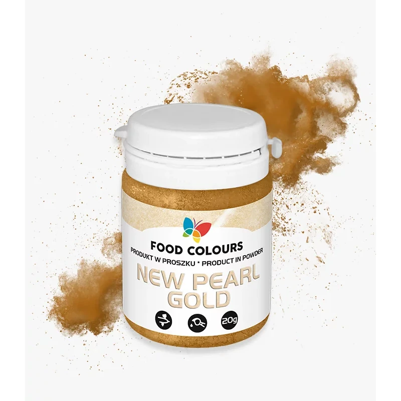 Barwnik w proszku do aerografu i nanoszenia pędzelkiem polskiej produkcji firmy FOODCOLOURS - bez E171 - New Pearl Gold, Nowy Perłowy Złoty - 20g