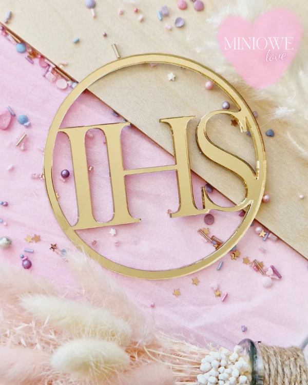 Dekor na tort Obręcz + IHS prosty 8x8 cm - Złoty lustro - Miniowe Love